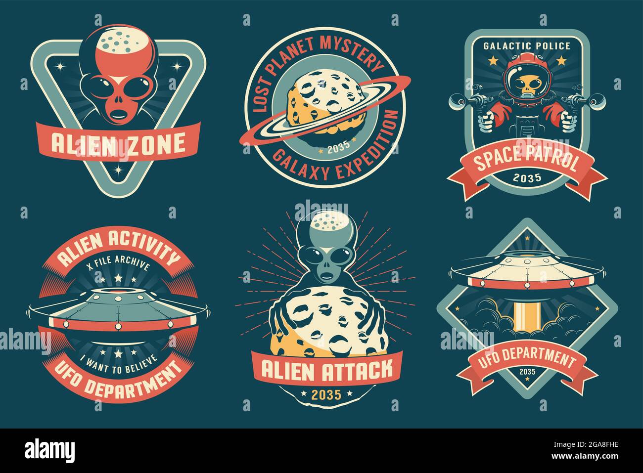 Badge UFO con set alieno vintage Illustrazione Vettoriale
