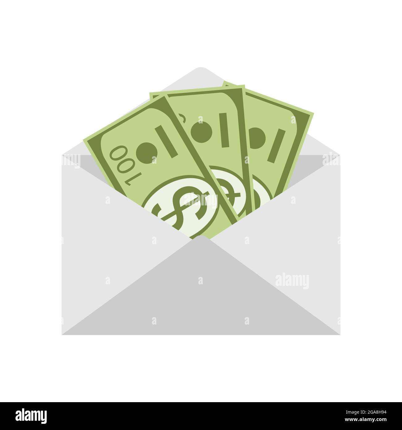 Busta aperta di carta postale con la valuta all'interno isolato su sfondo bianco.Dollars in carta busta icona in stile piatto.il concetto di stipendio, Illustrazione Vettoriale