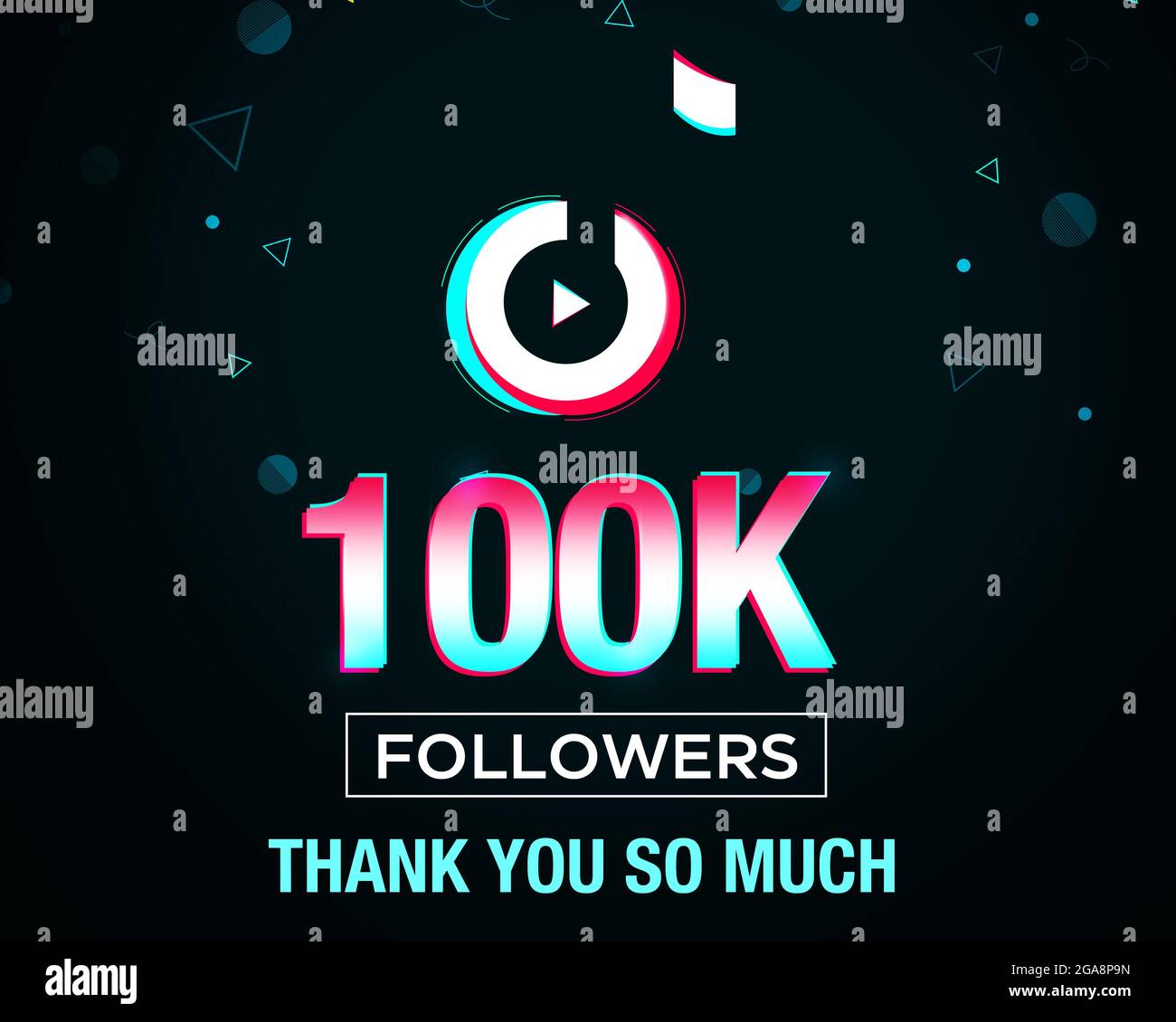 Social Media 100K Followers Celebration e grazie post sfondo con i colori e le forme più recenti. Sfondo moderno del concetto di social media Foto Stock