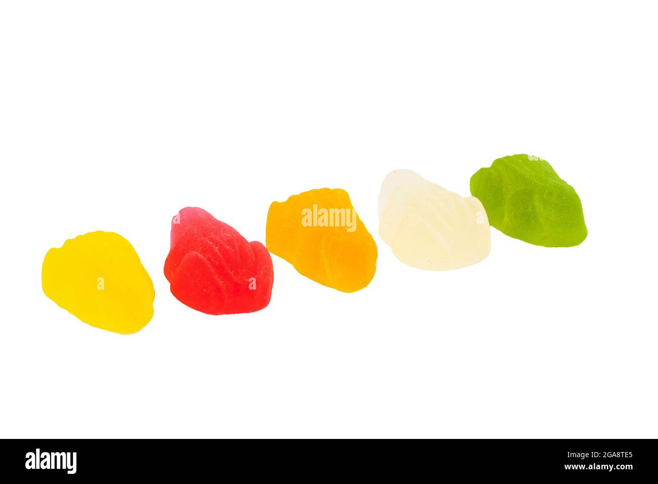 Rane gommosa multicolore disposte in linea isolate su bianco Foto Stock