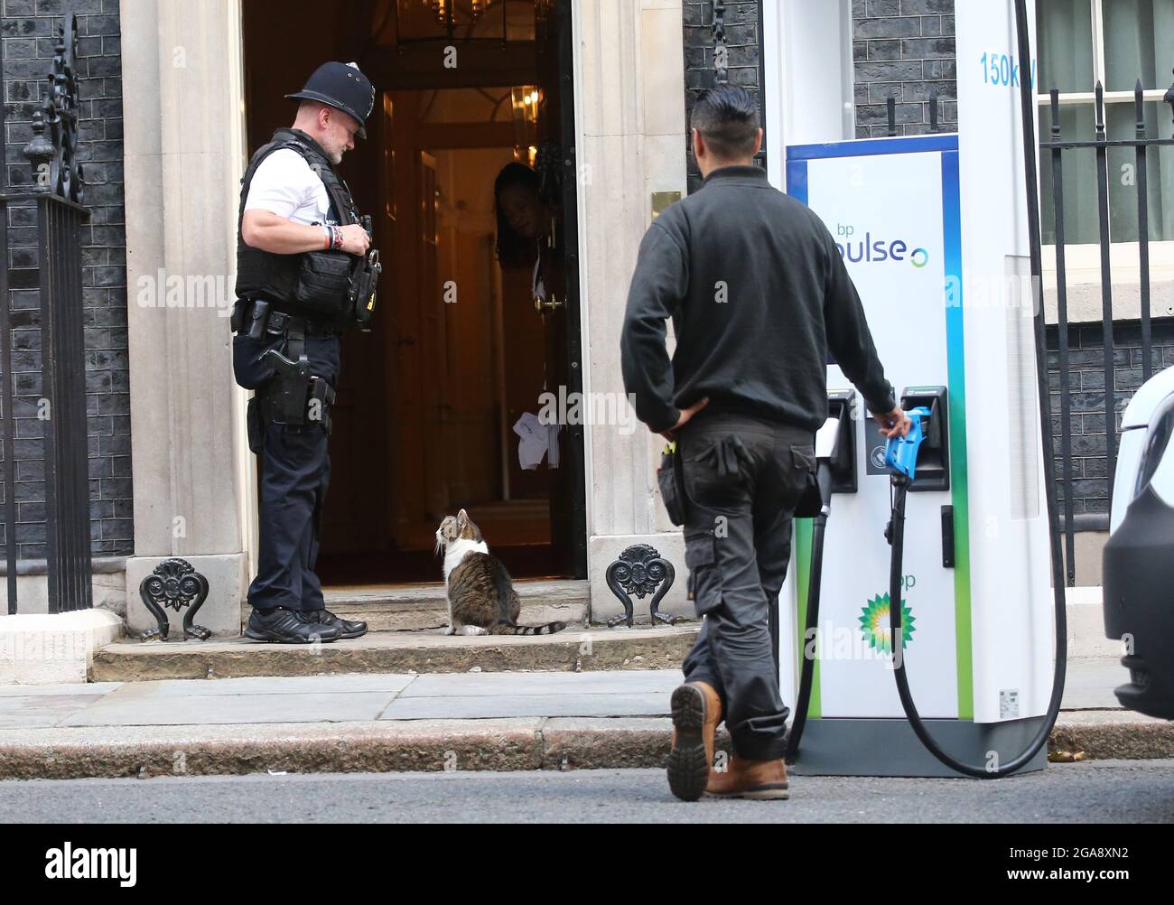 Londra, Inghilterra, Regno Unito. 29 luglio 2021. Larry il gatto di 10 Downing Street e un ufficiale di polizia sono visti durante una fotocellula per promuovere auto elettriche. (Credit Image: © Tayfun Salci/ZUMA Press Wire) Foto Stock