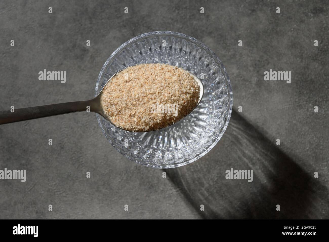 Psyllium buck e un bicchiere di supplemento di fibra solubile in acqua per l'intestino. Superfood per sano, abbassa il colesterolo, equilibra lo zucchero nel sangue, facilita la const Foto Stock