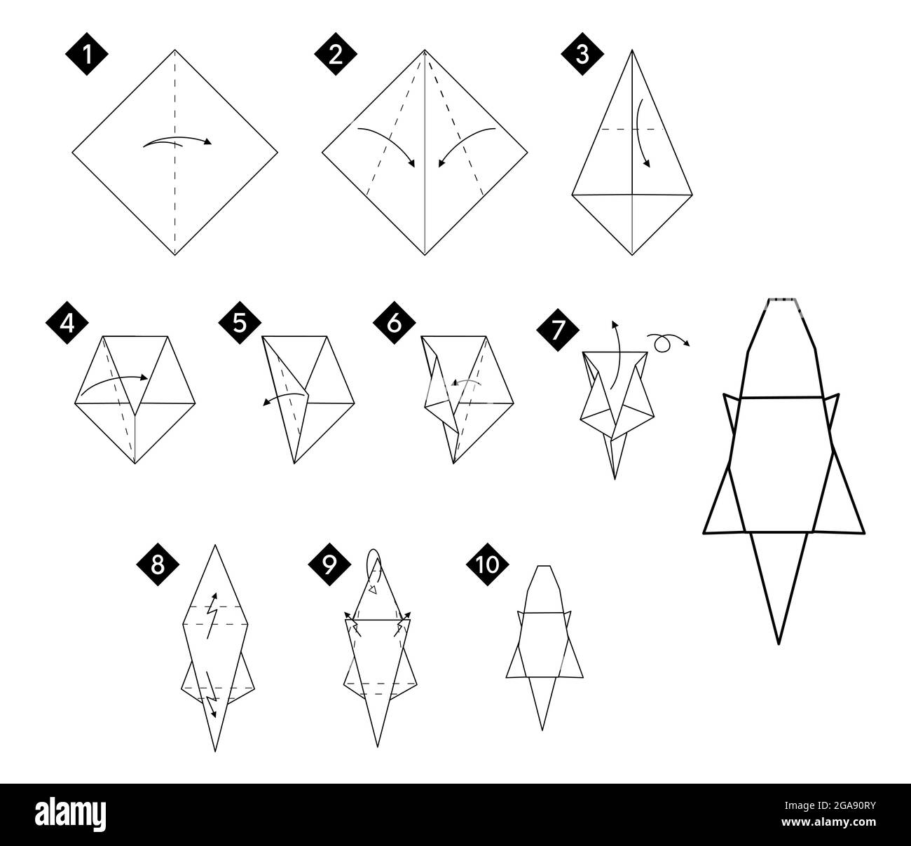Passo dopo passo come fare origami coccodrillo o alligatore . Illustrazione delle istruzioni Vector monocromatiche. Fai da te la carta in bianco e nero. Illustrazione Vettoriale