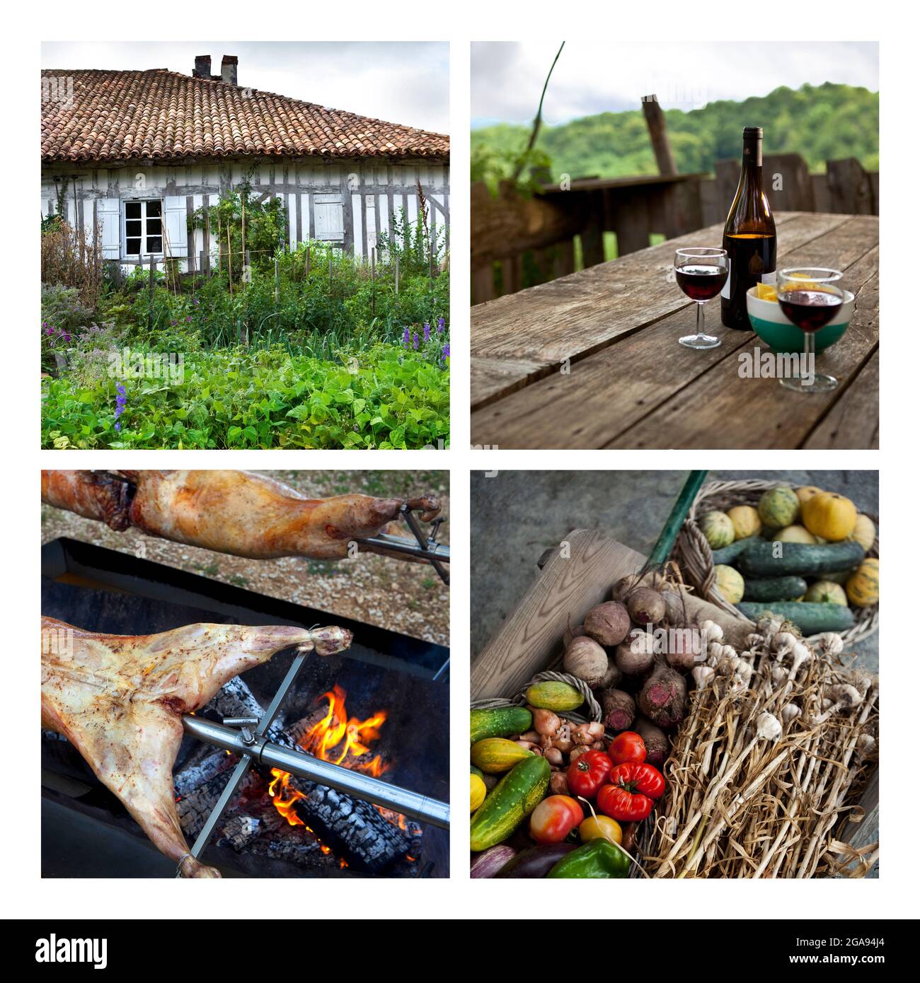 Collage di paesaggi rurali e cucina rustica Foto Stock