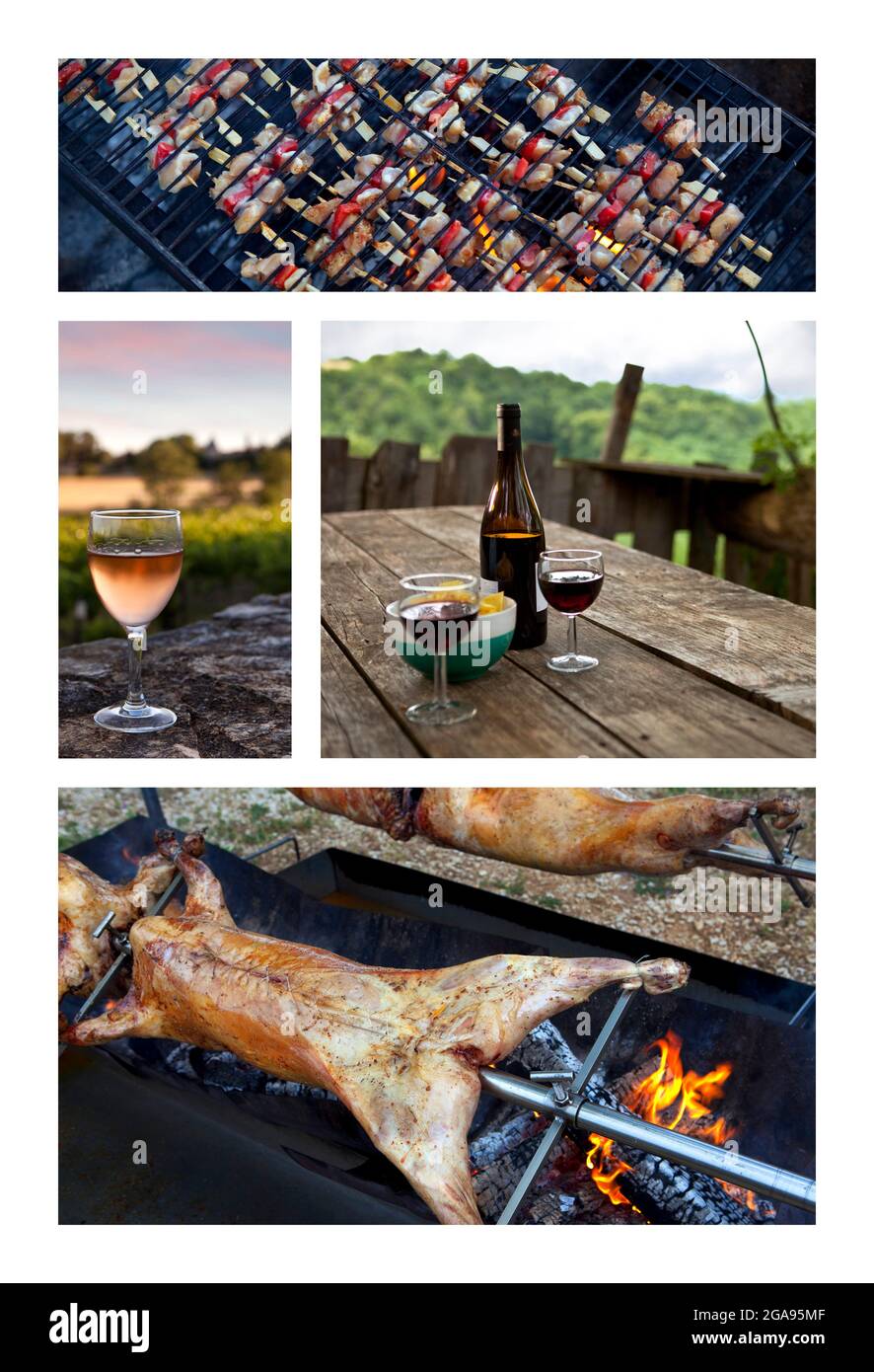 Barbecue e momenti all'aperto in un collage Foto Stock