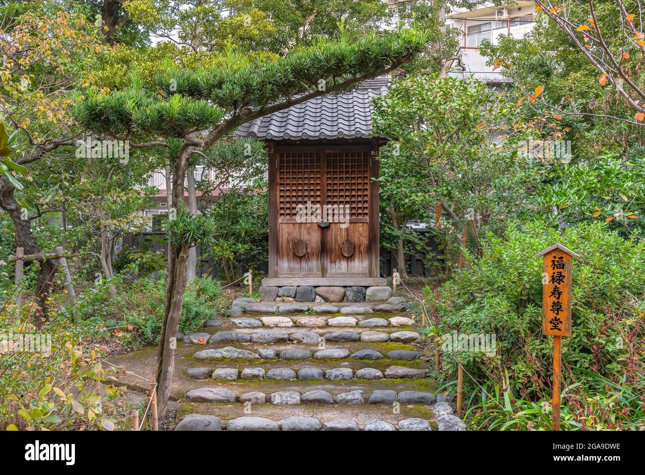 tokyo, giappone - novembre 13 2020: Piccolo santuario con il nome giapponese del dio della longevità Fukurokuju dio su una tavola di legno nel giardino Mukojima-Hyakkaen Foto Stock