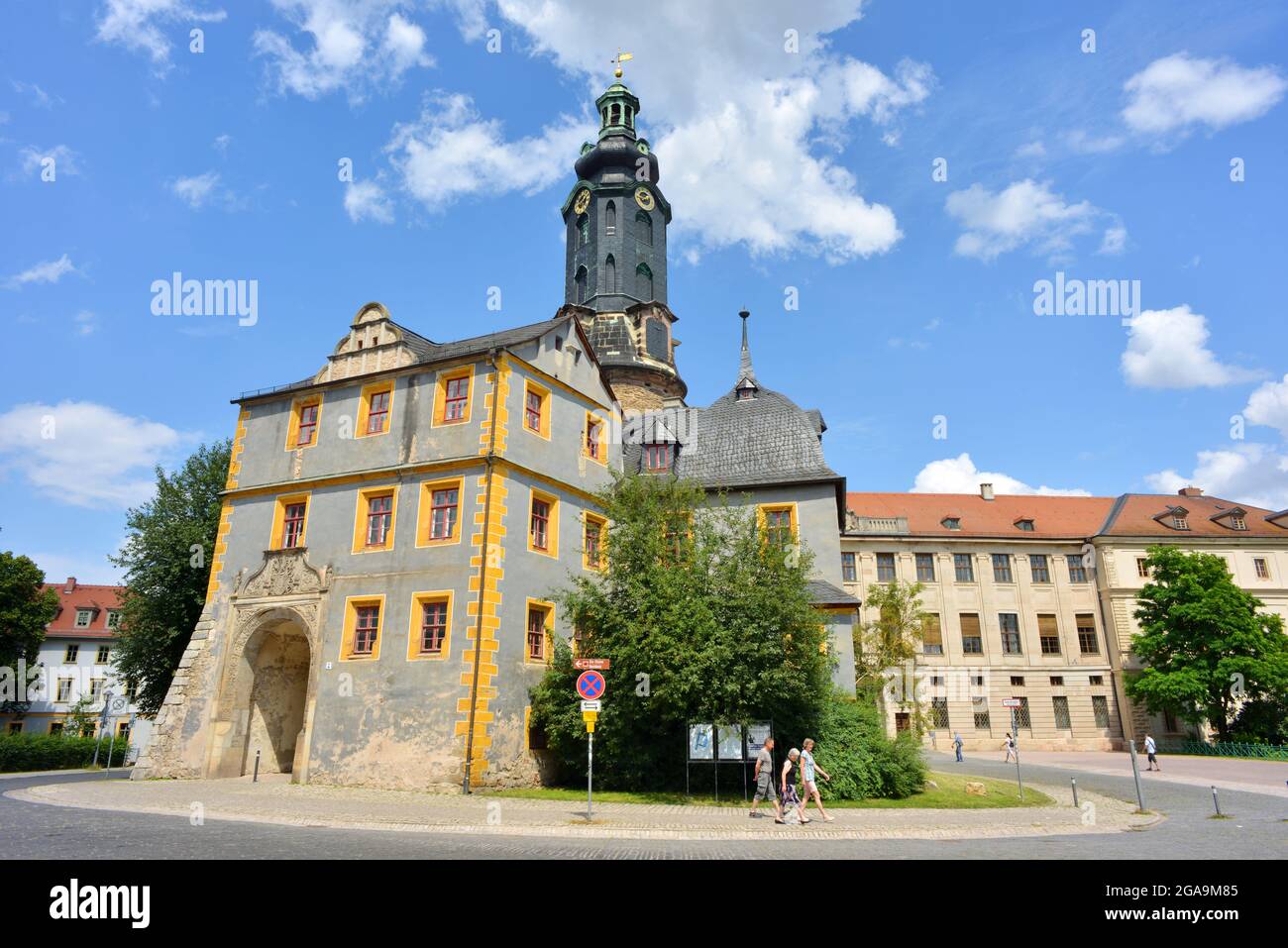 Weimar, Germania, Stadtschloss storico con torre d'ingresso casa Foto Stock
