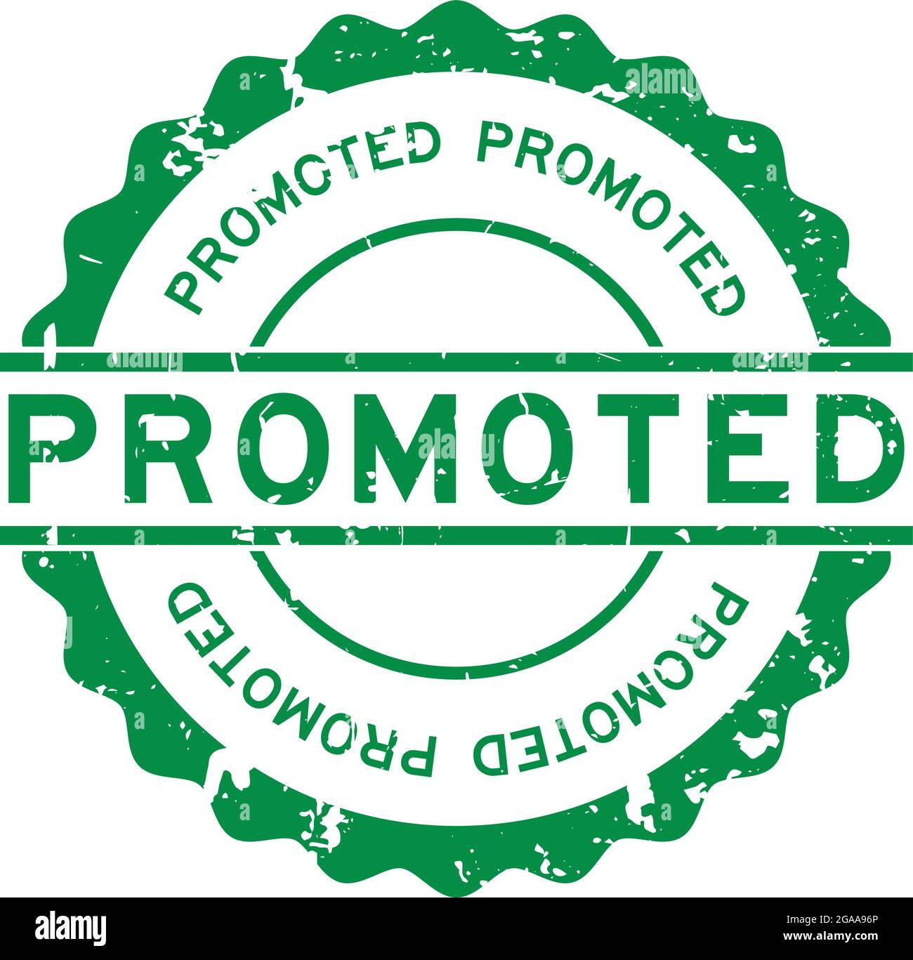 Grunge verde promossa parola tondeggiante sigillo in gomma stampigliato su sfondo bianco Illustrazione Vettoriale