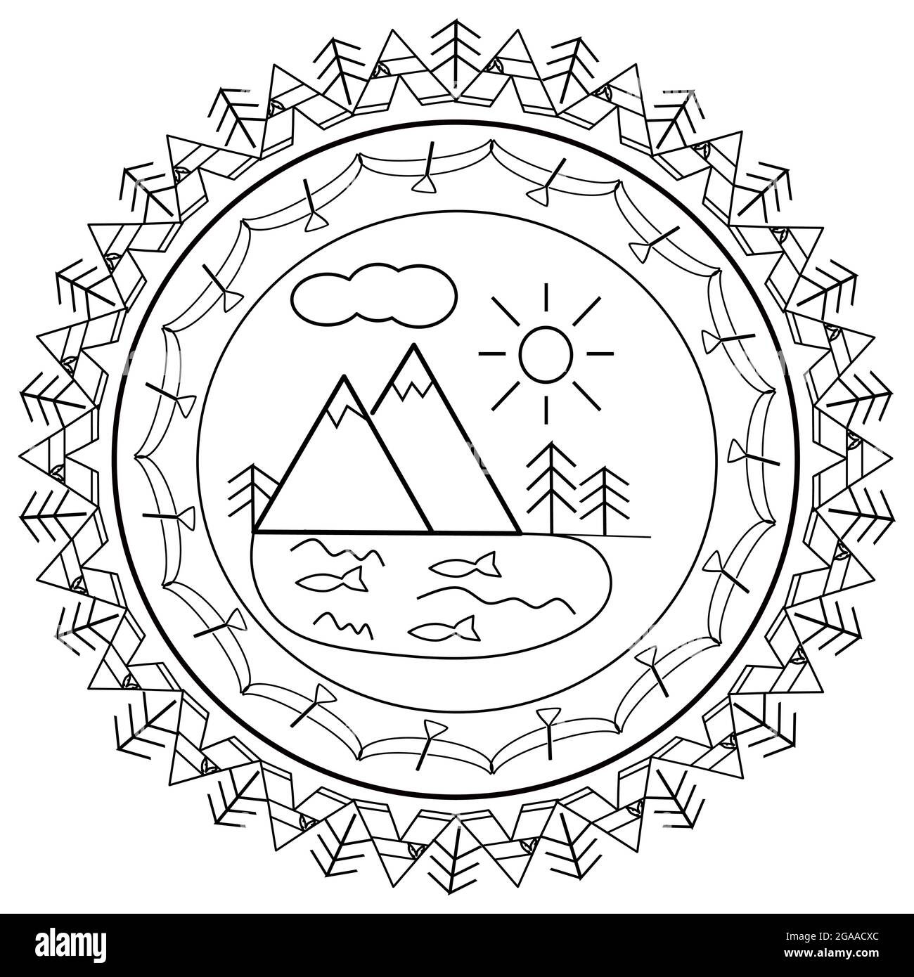 Campeggio natura avventura wild line badge patch pin grafica illustrazione vettore arte t-shirt design, mandala Illustrazione Vettoriale