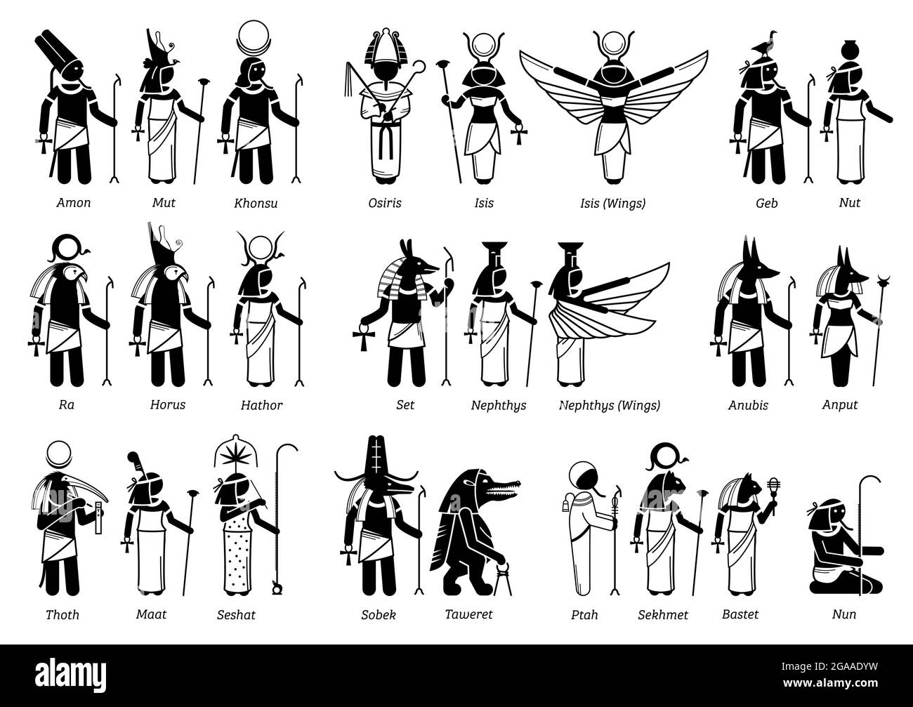 Antico Dio egiziano, Dea, e divinità in icone figura bastone. Insieme di illustrazioni vettoriali delle divinità popolari egiziane Amon, Osiride, Iside, Horus, Anubis, Illustrazione Vettoriale