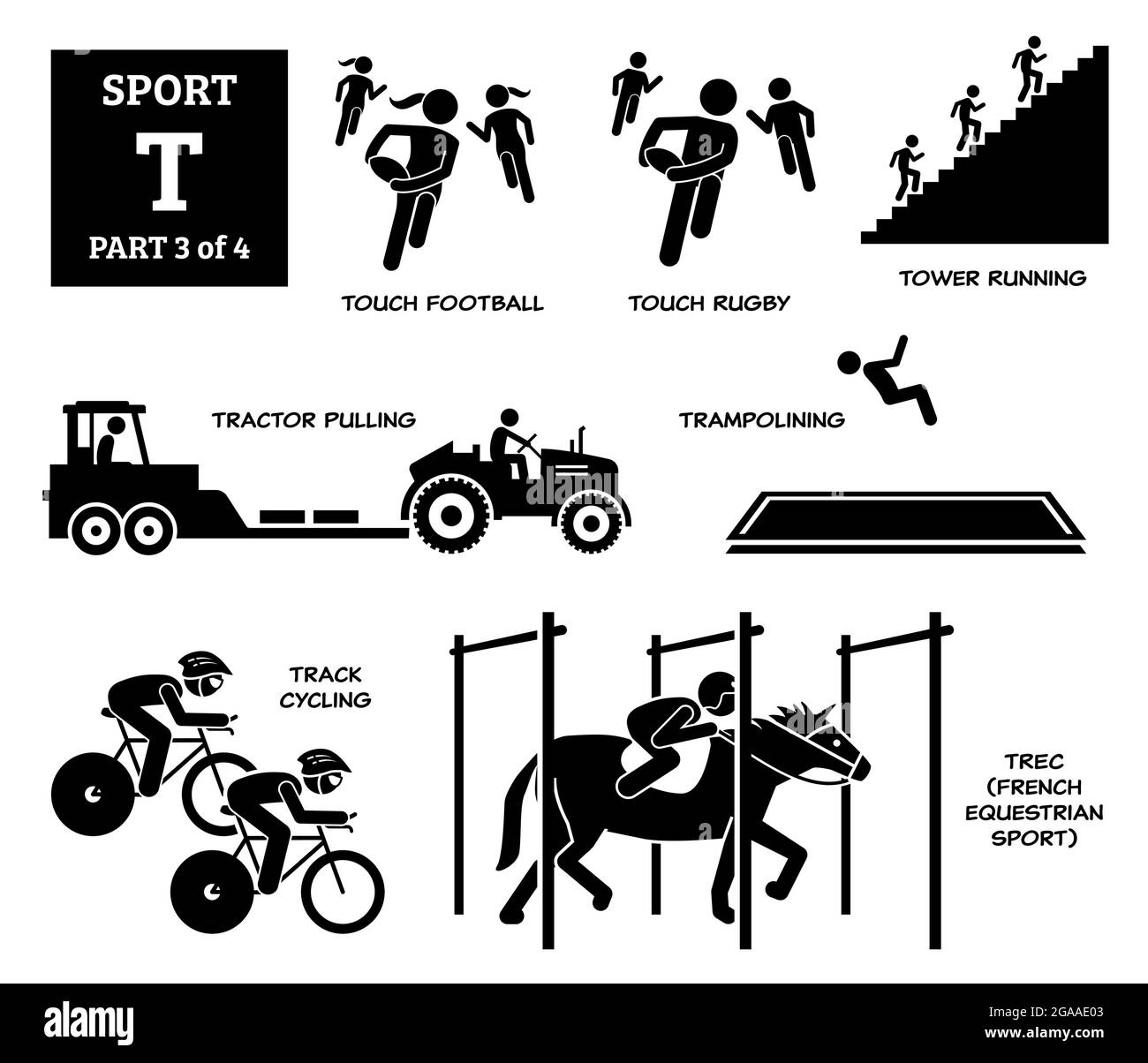 Giochi di sport alfabeto T icone vettoriali pittogramma. Calcio touch, rugby touch, corsa a torre, trazione trattore, trampolino, Pista ciclabile, e TREC Fren Illustrazione Vettoriale