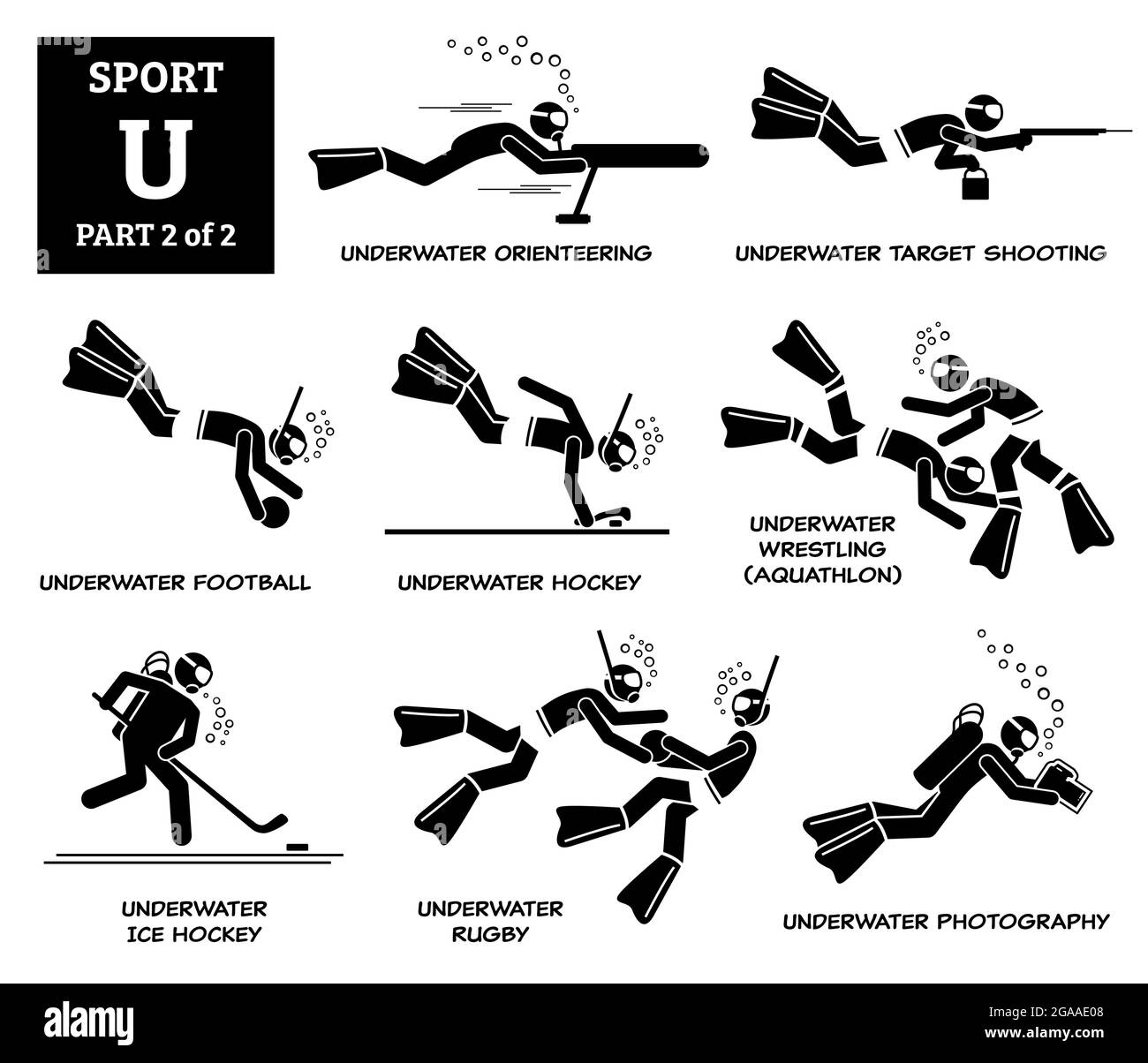 Giochi di sport alfabeto U icone vettoriali pittogramma. Orientamento subacqueo, tiro al bersaglio, calcio subacqueo, hockey, wrestling, hockey su ghiaccio sott'acqua Illustrazione Vettoriale