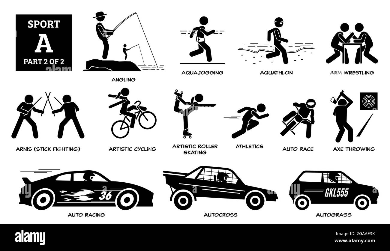 Giochi di sport alfabeto UN pittogramma di icone vettoriali. Angling, aquajogging, aquathlon, braccio wrestling, arnis, ciclismo artistico, pattinaggio a rotelle, auto corsa, ax Illustrazione Vettoriale