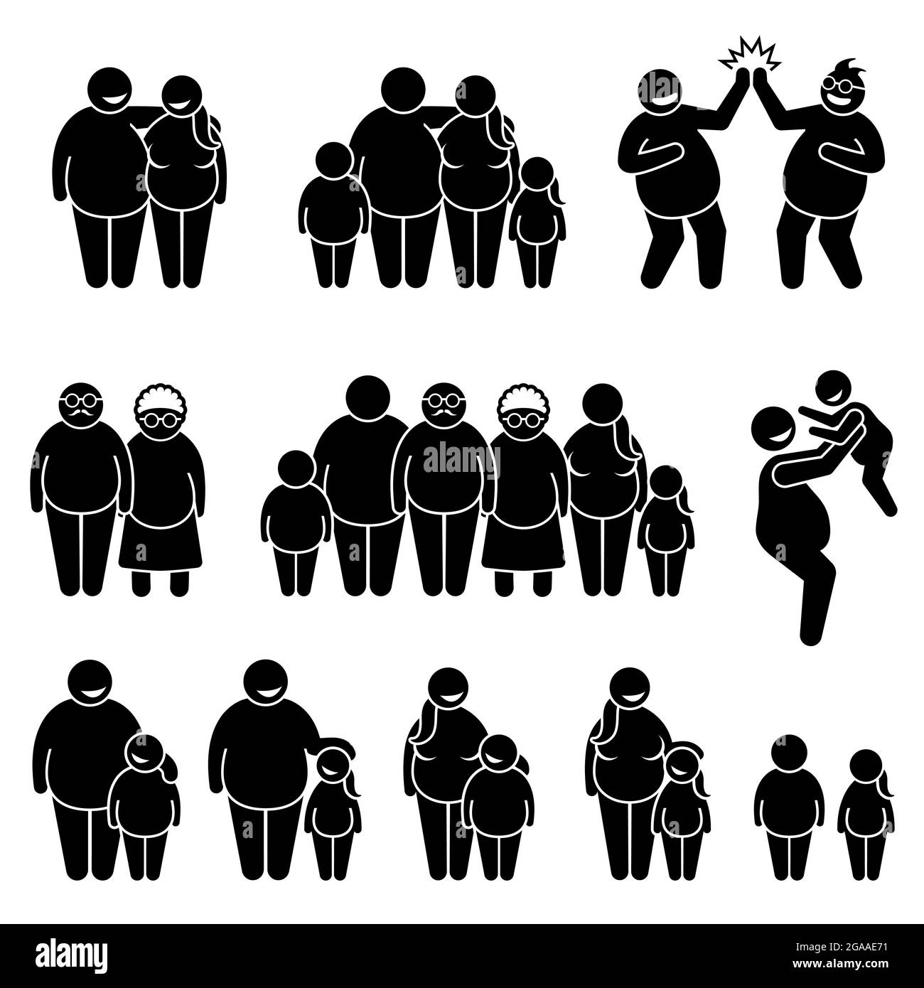 Famiglia di grasso obese sovrappeso persone in piedi insieme bastone figura pittogramma icone. Le illustrazioni vettoriali rappresentano la coppia grassa, la famiglia, il genitore, gli amici, Illustrazione Vettoriale