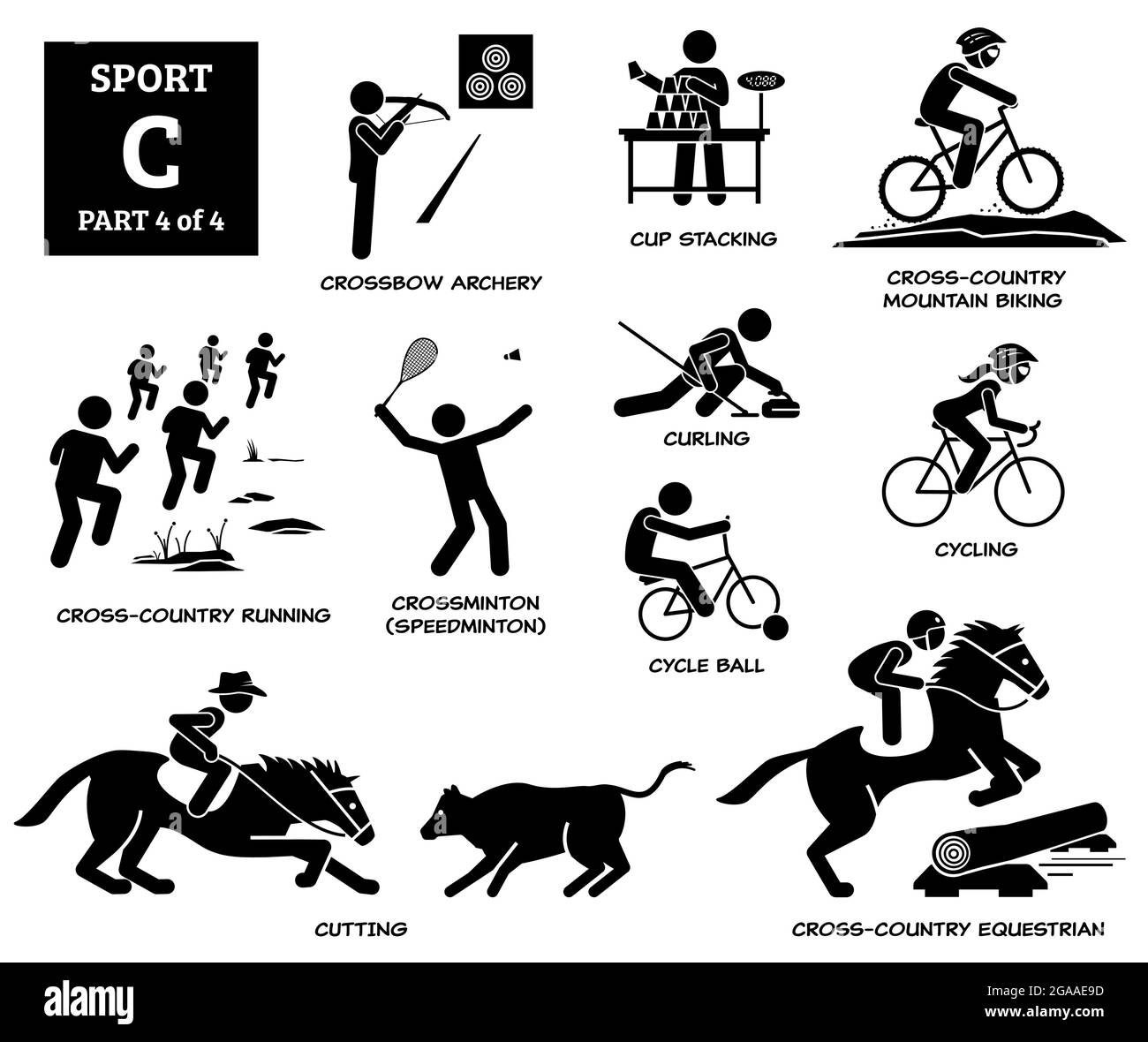 Giochi di sport alfabeto C icone vettoriali pittogramma. Tiro con l'arco a balestra, impilamento di tazze, mountain bike di fondo, corsa, crossminton speedminton, ciclo Illustrazione Vettoriale