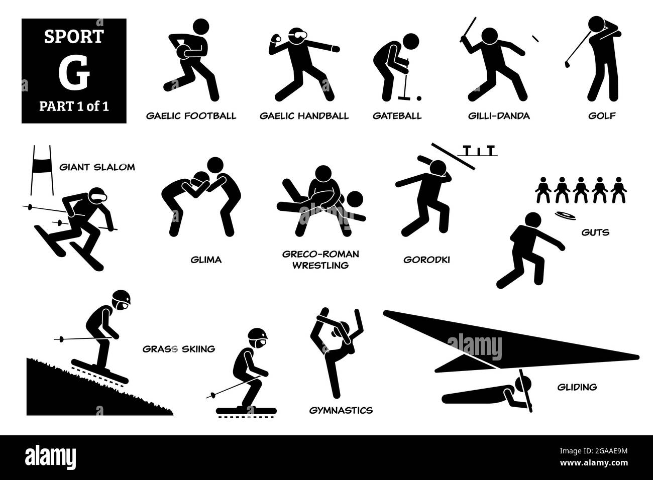 Giochi di sport alfabeto G icone vettoriali pittogramma. Calcio gaelico, pallamano, gateball, gilidanda, golf, slalom gigante, glima, greco-romana wrestling, goro Illustrazione Vettoriale