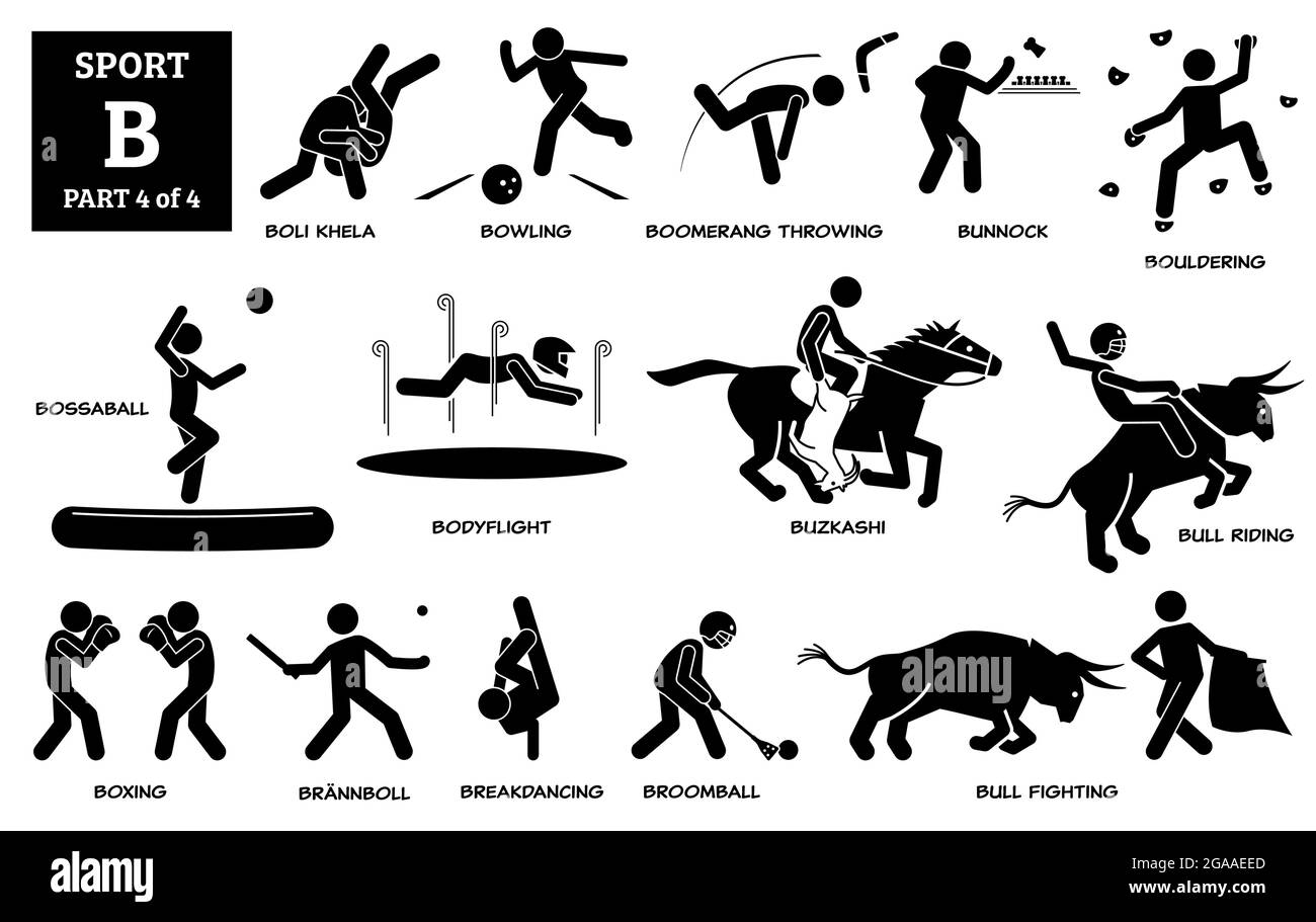 Giochi sportivi alfabeto B icone vettoriali pittogramma. Boli Khela, bowling, boomerang, bunnock, bouldering, bossaball, bodyflight, buzkashi, lotta di corsa dei tori Illustrazione Vettoriale