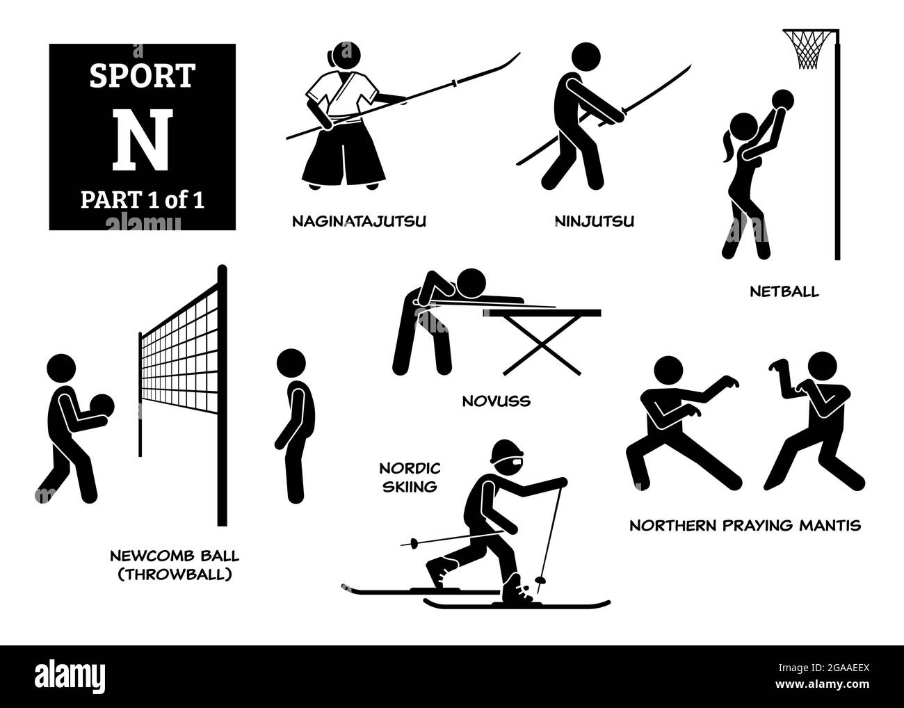 Giochi di sport alfabeto N icone vettoriali pittogramma. Naginatajutsu, ninjutsu, netball, novuss, newcomb ball, rowball, sci nordico e preghiera settentrionale Illustrazione Vettoriale