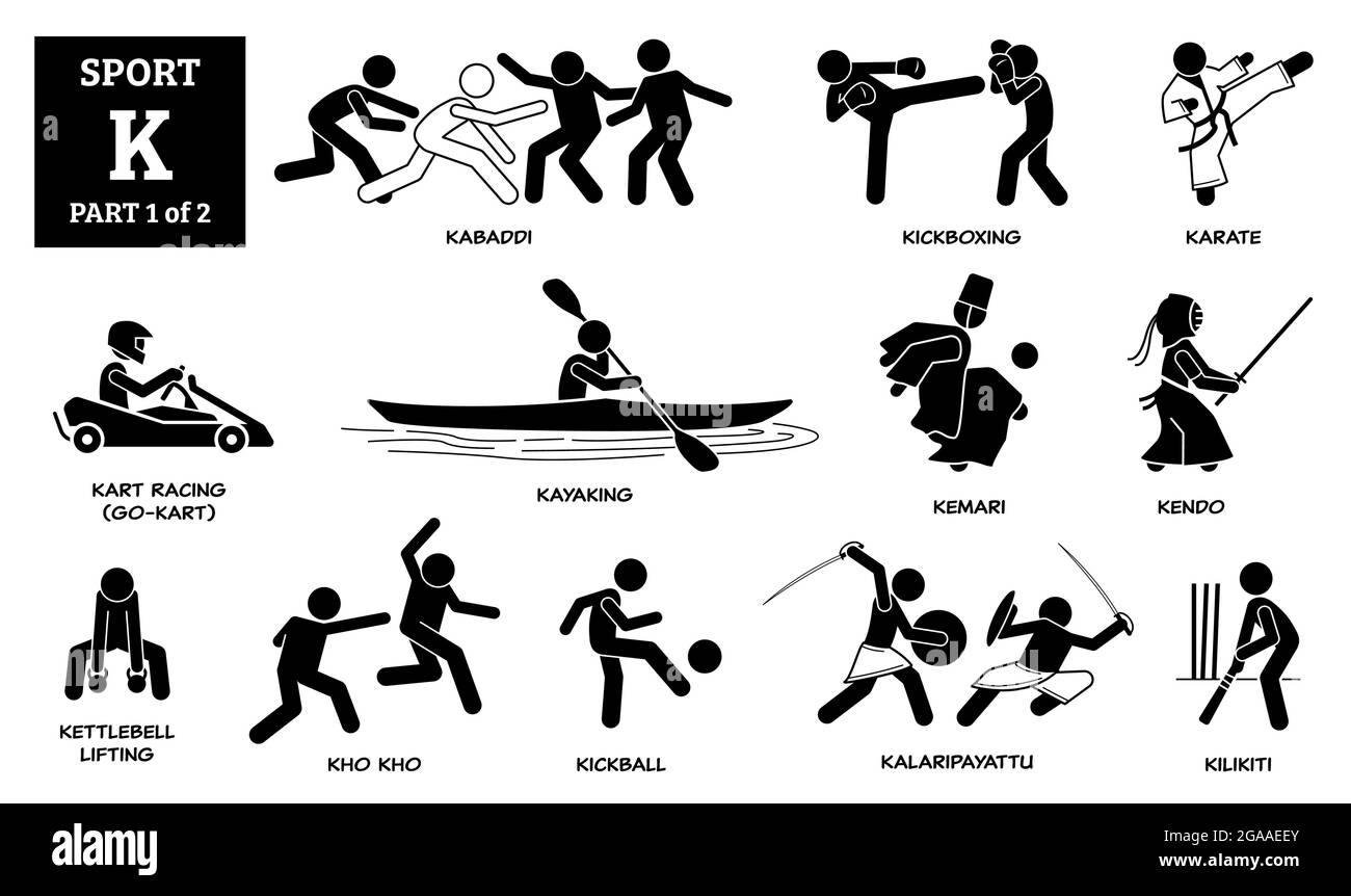 Giochi sportivi alfabeto K icone vettoriali pittogramma. Kabaddi, kickboxing, karate, kart racing, go-kart, kayak, kemari, kendo, kettlebell lifting, kho kho Illustrazione Vettoriale