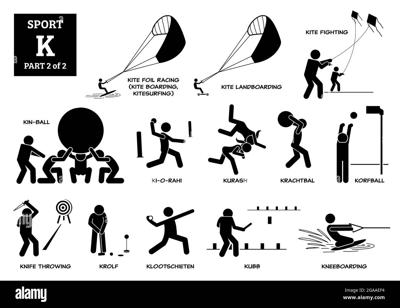 Giochi sportivi alfabeto K icone vettoriali pittogramma. Kite foil racing, kite landboarding, kite fighting, skin-ball, ki-o-rahi, kurash, krachtbal, korfball, k Illustrazione Vettoriale