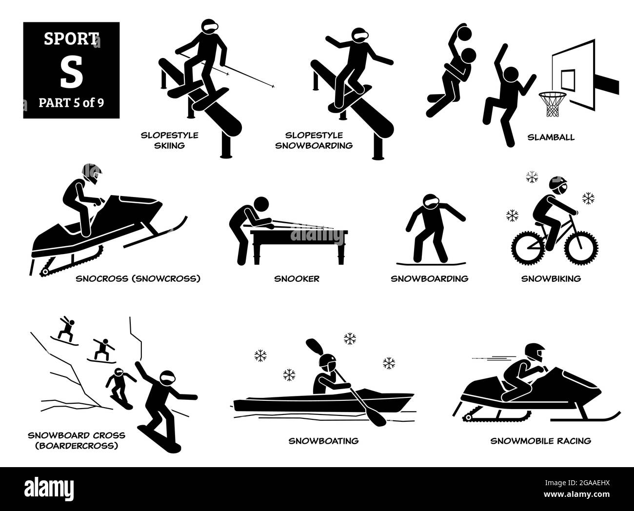 Giochi di sport alfabeto S icone vettoriali pittogramma. Sci Slopestile snowboard, slamball, snoscross, snooker, snowboard, snowbike, snowboard cross, Illustrazione Vettoriale