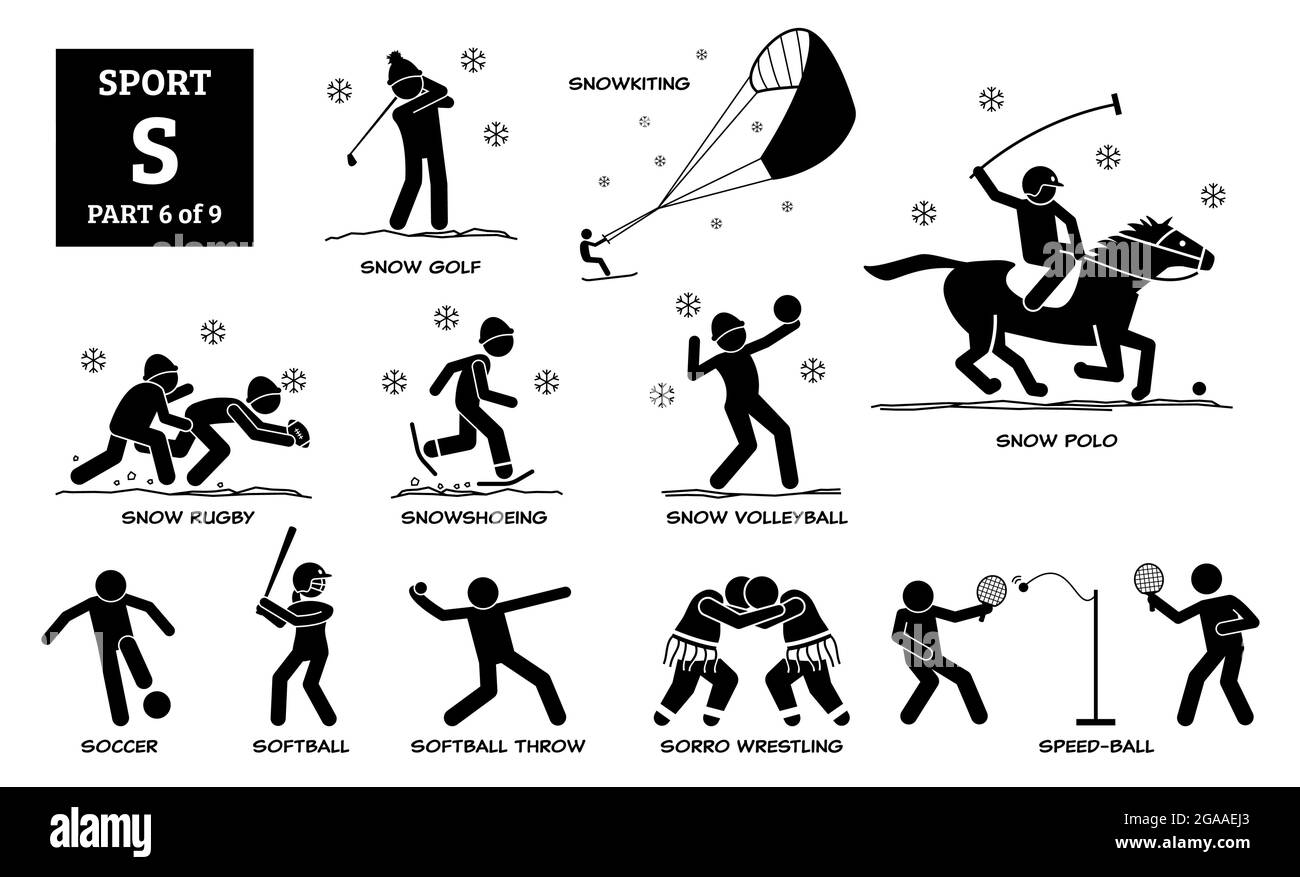 Giochi di sport alfabeto S icone vettoriali pittogramma. Snow golf, snowkiting, snow rugby, racchette da neve, snow volley, polo da neve, calcio, softball, softball Illustrazione Vettoriale