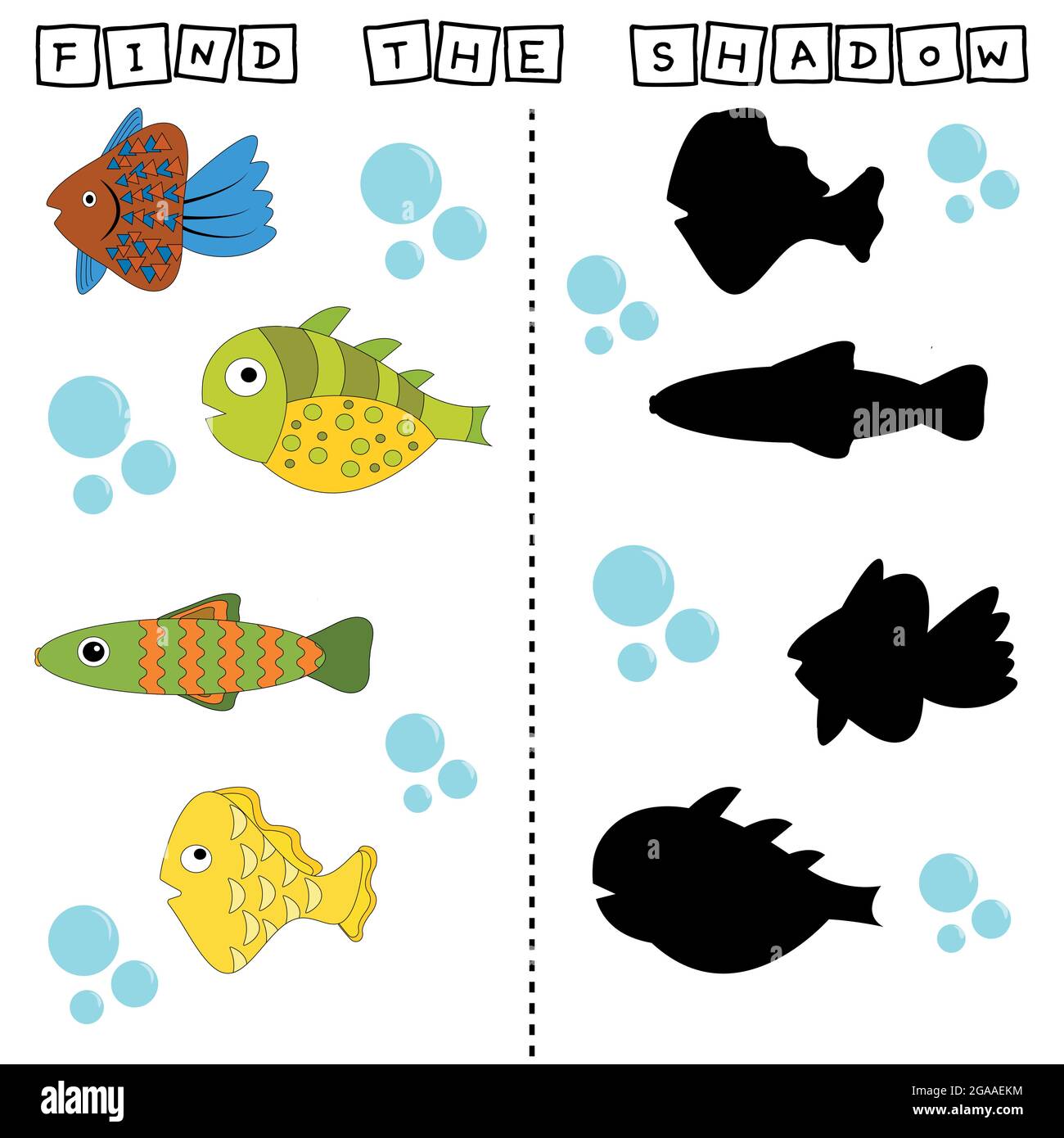 Sviluppare attività per i bambini, trovare un paio tra identici di pesci  divertenti . Gioco di logica per i bambini Immagine e Vettoriale - Alamy