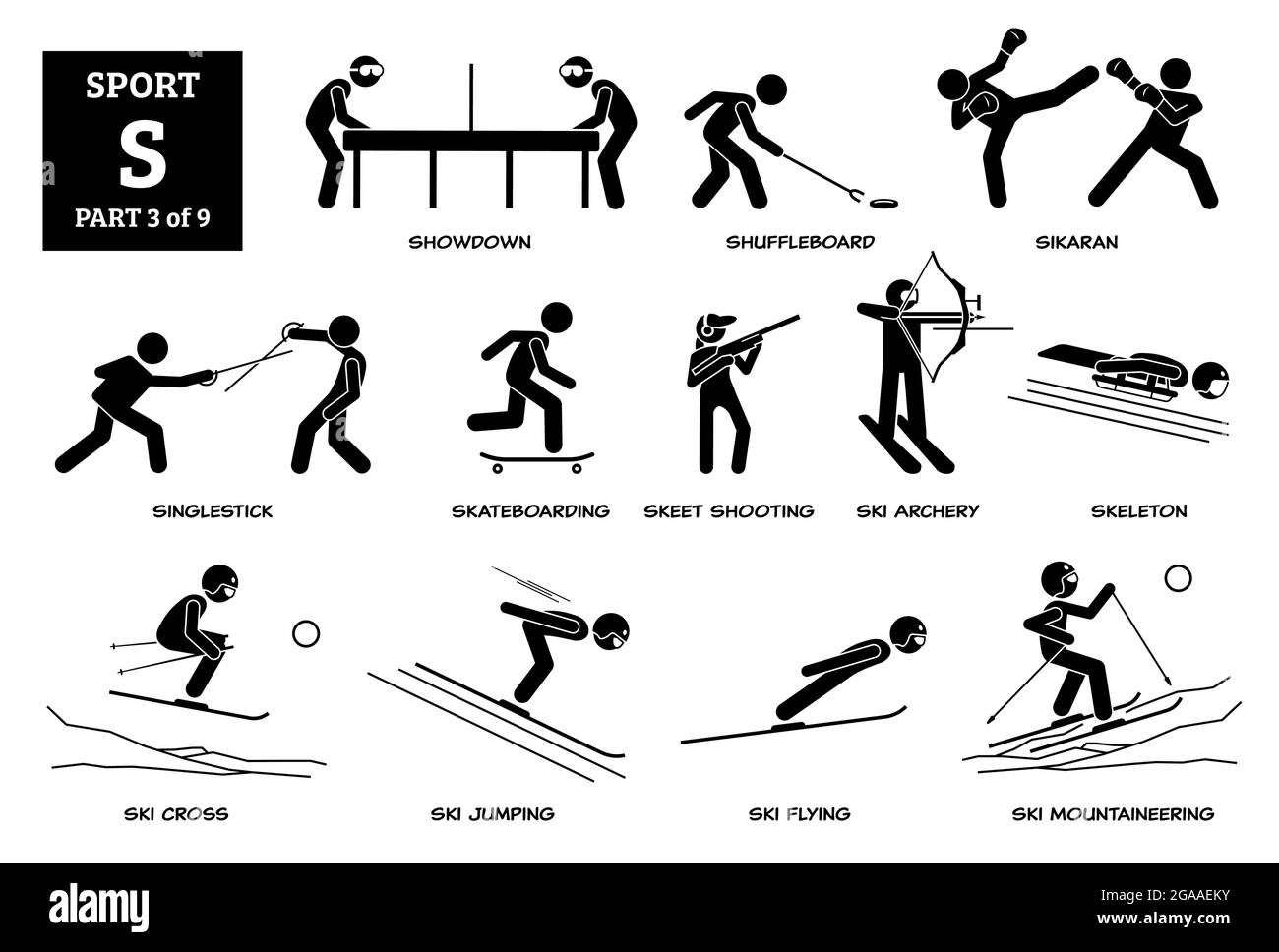 Giochi di sport alfabeto S icone vettoriali pittogramma. Showdown, shuffleboard, sikaran, singlestick, skateboard, tiro allo spiedo, tiro con l'arco, scheletro, sci Illustrazione Vettoriale