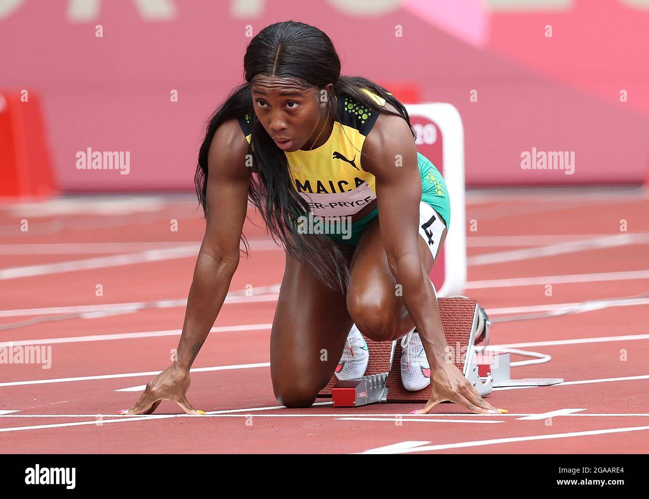 Tokyo, Giappone. 30 luglio 2021. Shelly-Ann Fraser-Pryce della Giamaica compete durante il caldo delle Donne di 100m ai Giochi Olimpici di Tokyo 2020 a Tokyo, Giappone, 30 luglio 2021. Credit: Li Ming/Xinhua/Alamy Live News Foto Stock