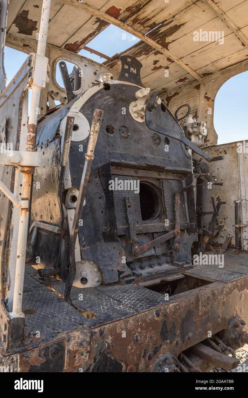 Vecchia locomotiva a vapore alla stazione di Usakos, Erongo, Namibia Foto Stock