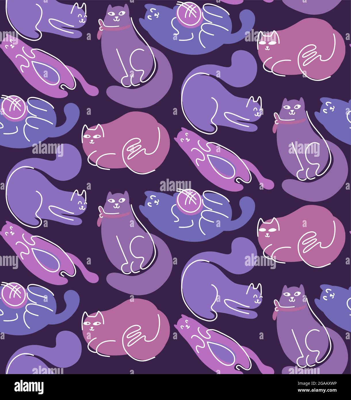 Modello senza cuciture con simpatici gatti pigri astratti su sfondo scuro. Struttura vettoriale con animali domestici. Carta da parati moderna e animalistica. Tessuto e carta da parati con fl Illustrazione Vettoriale