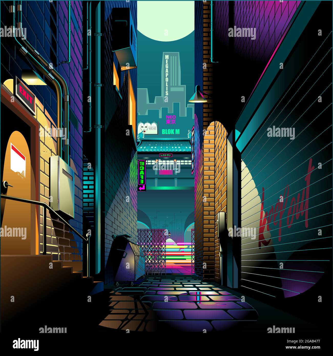 Vicolo di notte cyber punk tema vettore illustrazione sfondo Illustrazione Vettoriale