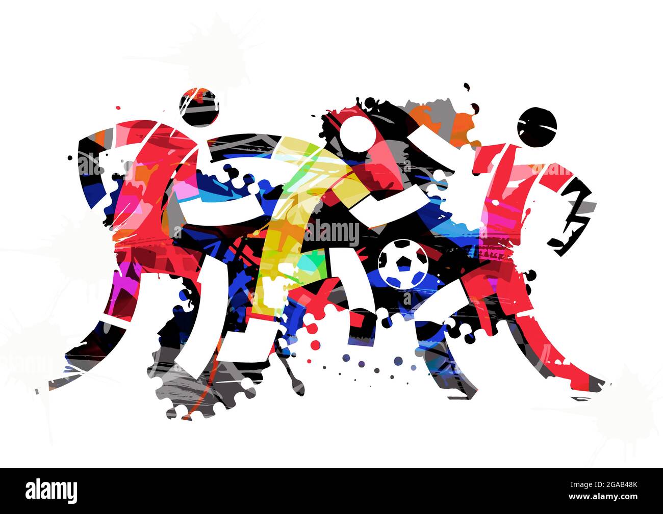 Giocatori di calcio, partita di calcio. Illustrazione espressiva stilizzata di tre giocatori di calcio Foto Stock