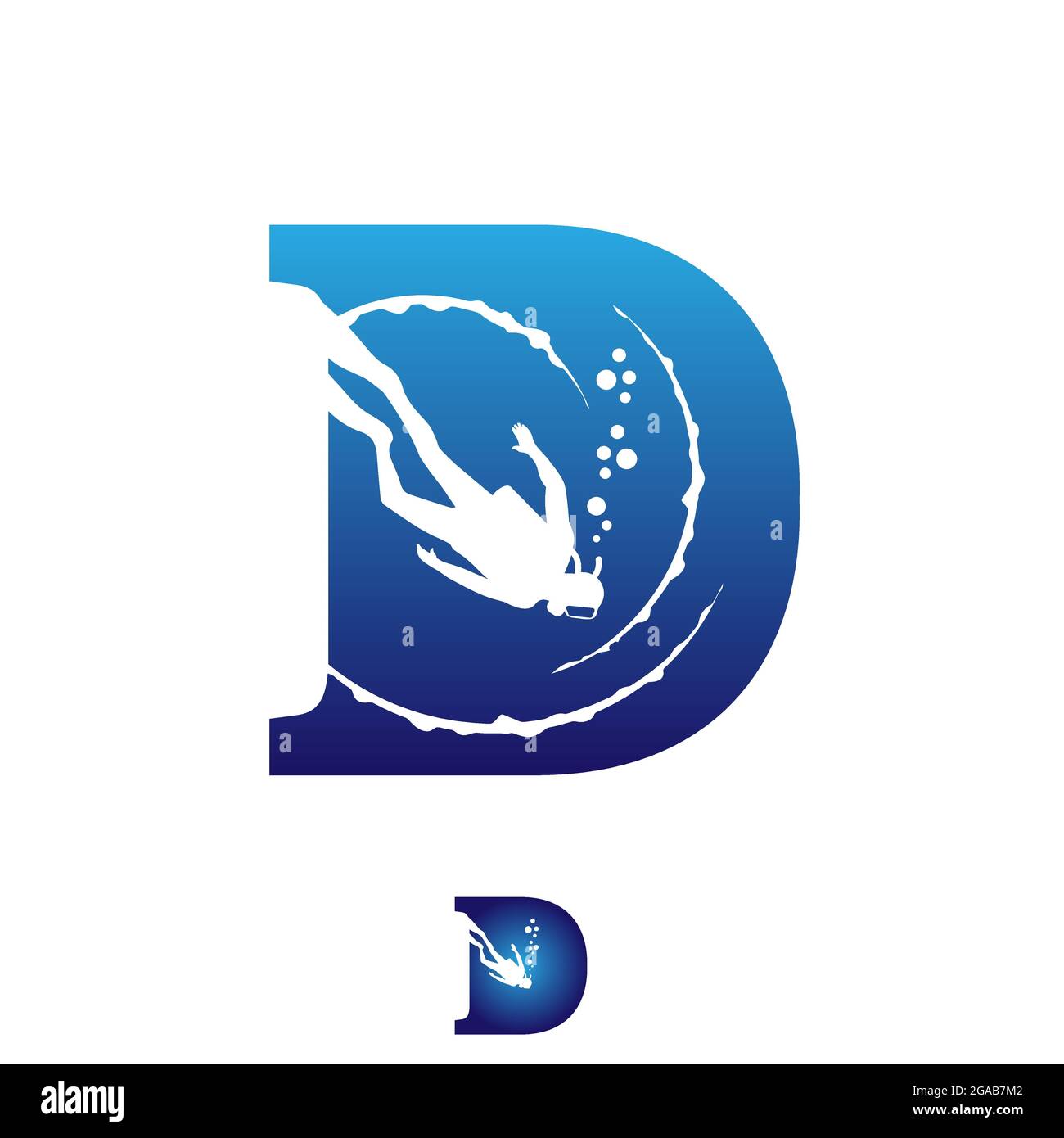 Illustrazione vettoriale del simbolo D iniziale basata sulla lettera del subacqueo. Immersione profonda nel mare per lo sport, il turismo hobby e il tempo libero simbolo Illustrazione Vettoriale