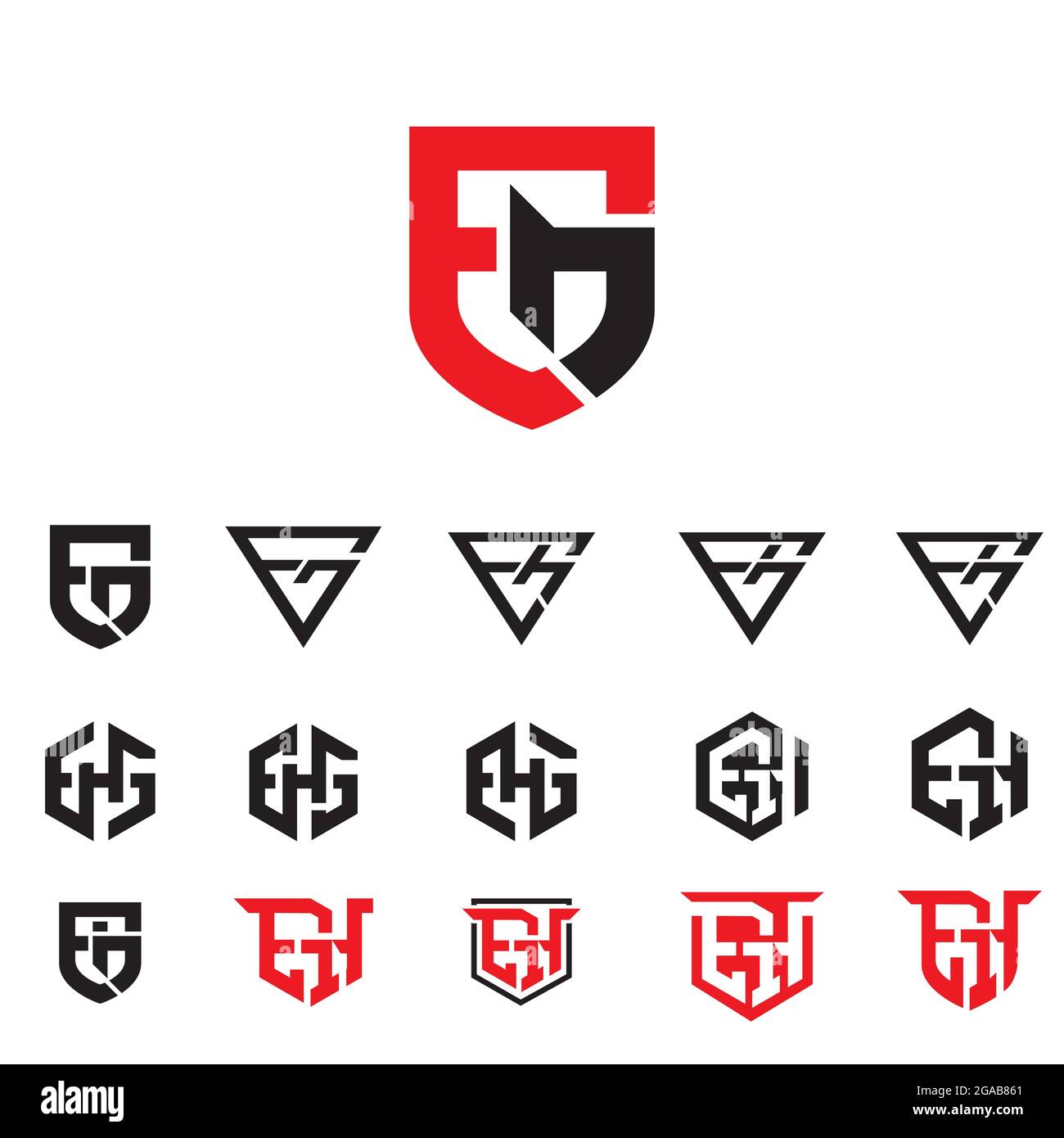 Il set contiene le combinazioni monogramma di e&G, EGH ed EH. Per marchio, identità aziendale, badge, etichetta, simbolo sportivo o per qualsiasi altro scopo. Illustrazione Vettoriale