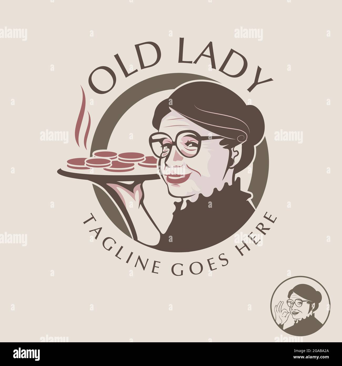 Old Lady con un piatto di cibo clip art o template. Il cibo è su uno strato separato per facilitare l'editing. Illustrazione Vettoriale