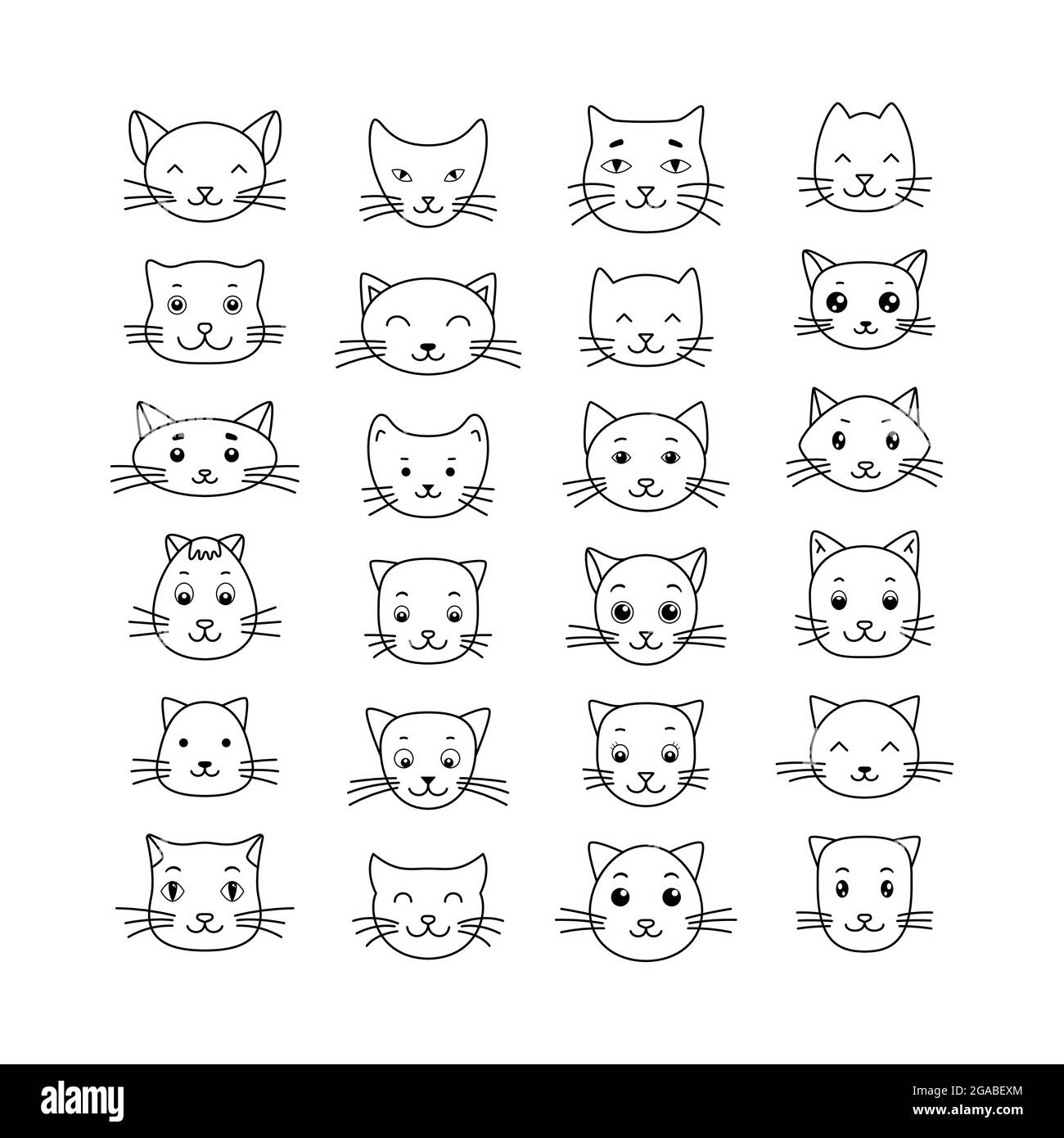 Carino cartone animato gatto doodle set, divertente vettore icone. Facce Cat disegnate a mano. Illustrazione vettoriale. Illustrazione Vettoriale