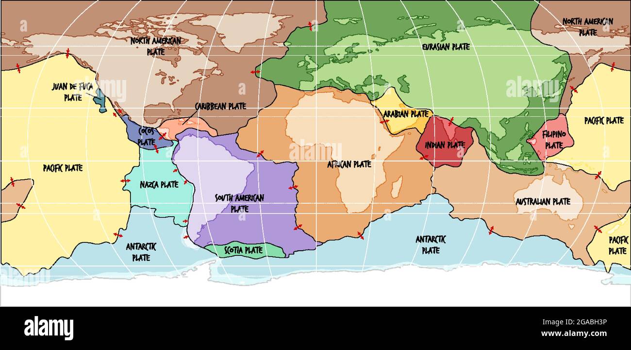 Mappa del mondo che mostra l'illustrazione dei contorni delle piastre Tectonic Illustrazione Vettoriale