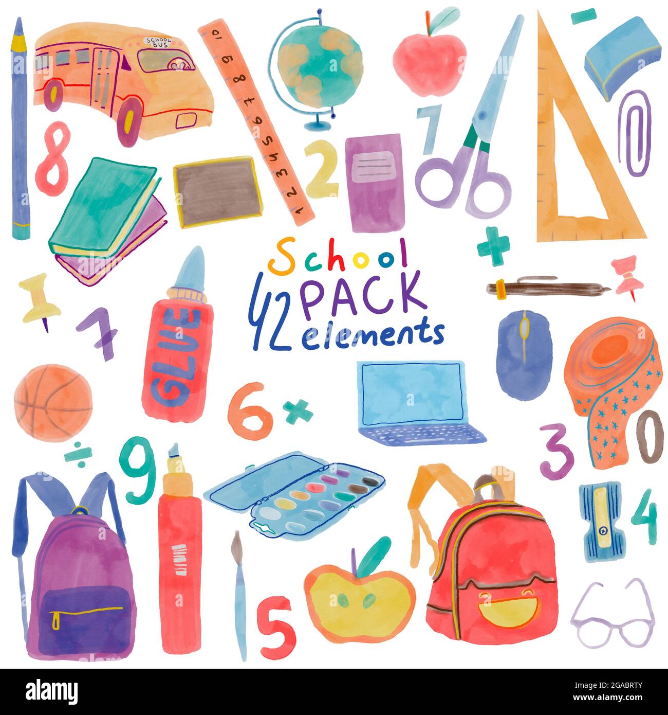 Back to School grande collezione con diverse cancelleria e forniture scolastiche. Pittura ad acquerello disegnata a mano clip art elementi per il design. Foto Stock