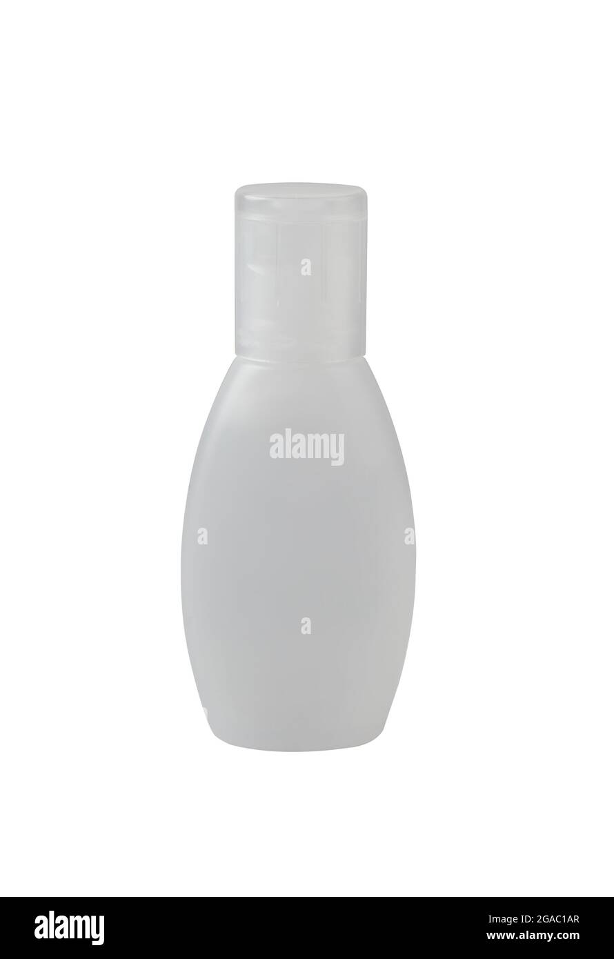 bottiglia cosmetica bianca piccola senza etichetta isolata su sfondo bianco Foto Stock