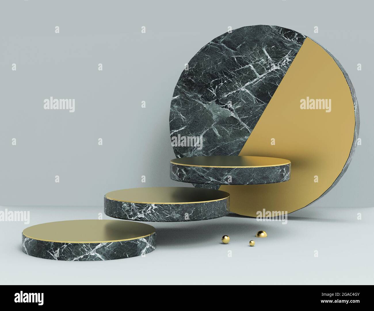 Sfondo geometrico del podio, realizzato in marmo verde e metallo dorato, per esporre i vostri prodotti o altro ancora. Illustrazione minima del progetto 3D Foto Stock