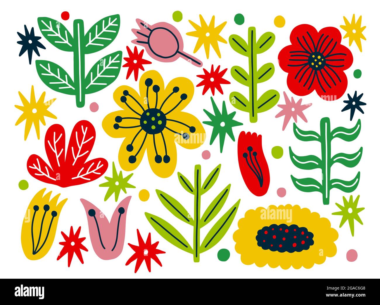 Fiori set estate. Stile semplice ingenuo. Pianta e foglie Element.Floral collezione. Illustrazione Vettoriale