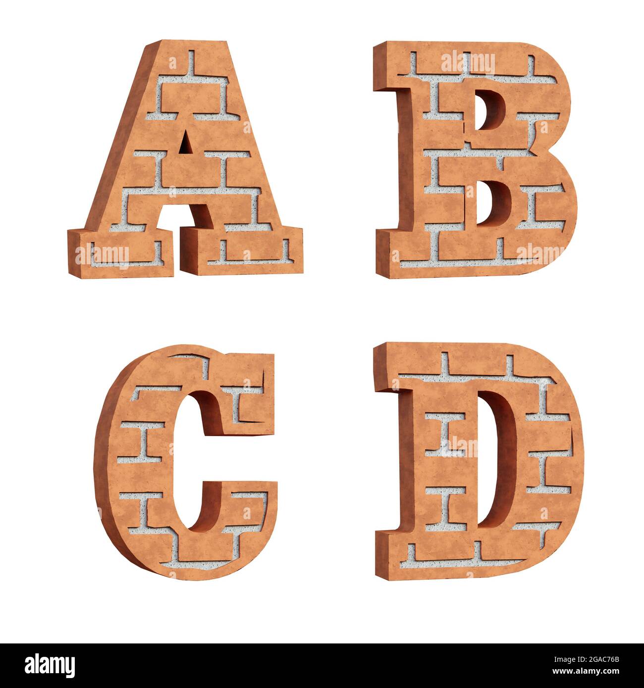 Rendering 3D dell'alfabeto a mattone rosso - lettere A-D. Foto Stock
