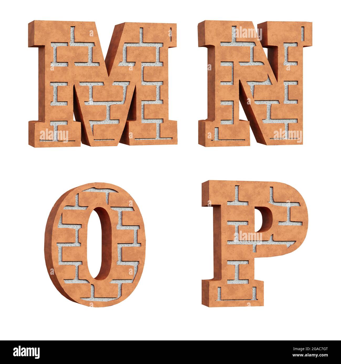 Rendering 3D dell'alfabeto a mattone rosso - lettere M-P. Foto Stock