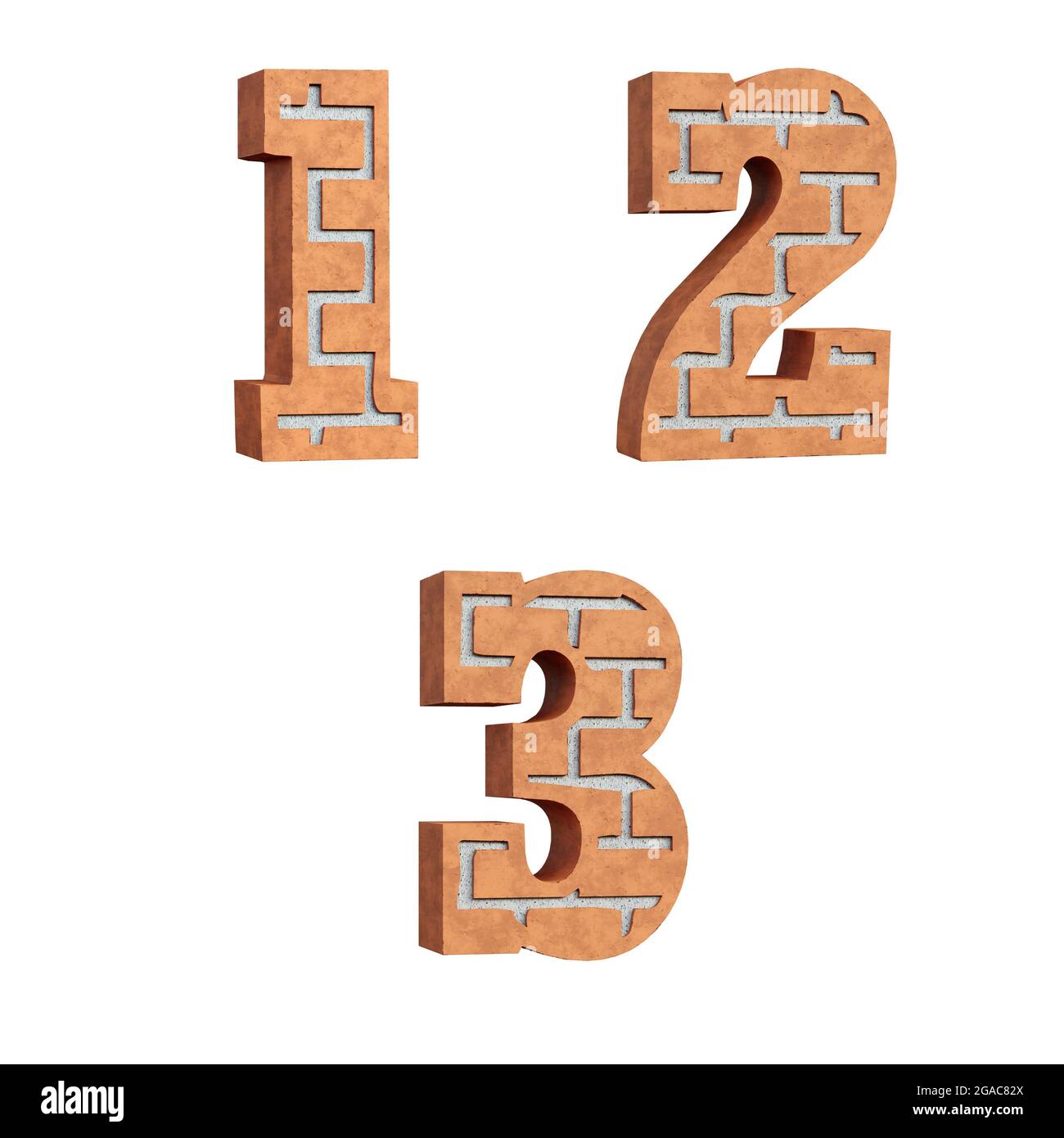 Rendering 3D dell'alfabeto a mattone rosso - cifre 1-3 Foto Stock