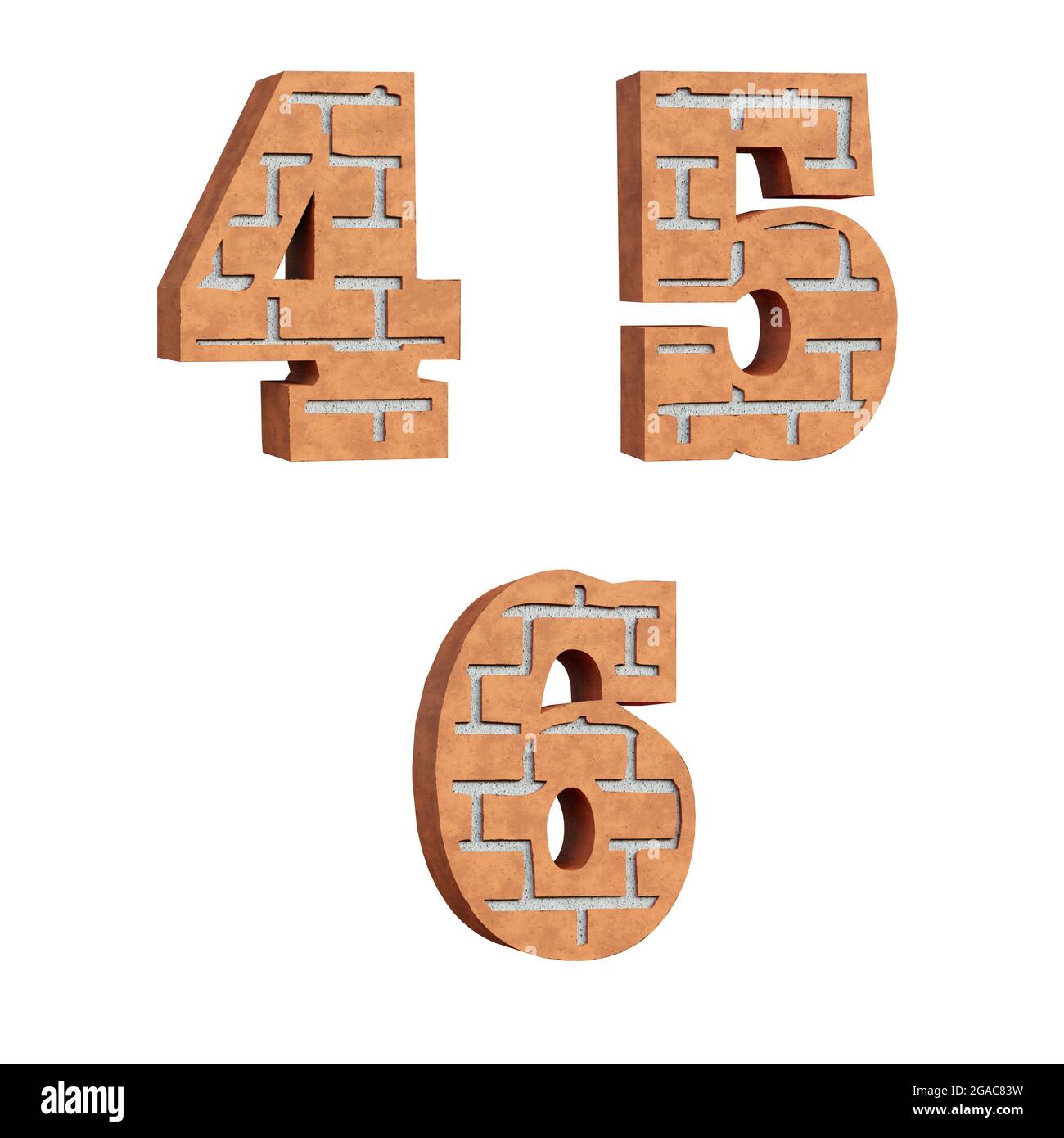 Rendering 3D dell'alfabeto a mattone rosso - cifre 4-6 Foto Stock