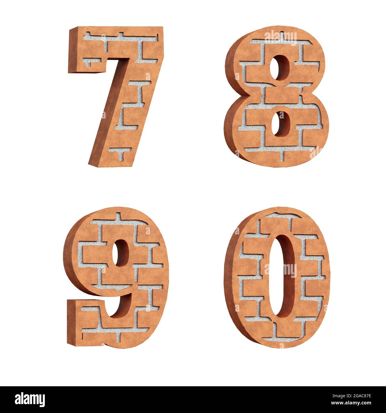 Rendering 3D dell'alfabeto a mattone rosso - cifre 7-0 Foto Stock