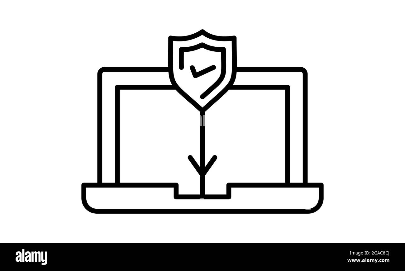 Icona di protezione del computer isolata su sfondo bianco, notebook protetto con simbolo di protezione, idea di sicurezza del pc, tecnologia firewall, sicurezza della privacy Illustrazione Vettoriale