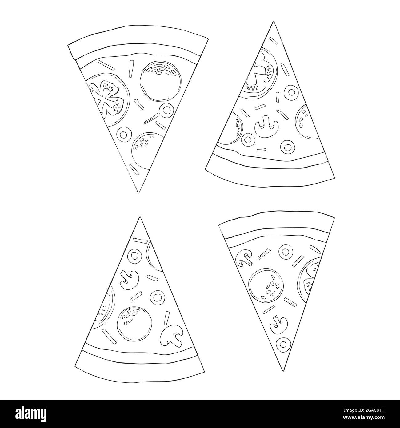 Set di fette di pizza. Schizzo disegnato a mano stile pizza diversa. Ideale per design di menu, pacchetti. Illustrazioni vettoriali isolate su bianco. Illustrazione Vettoriale