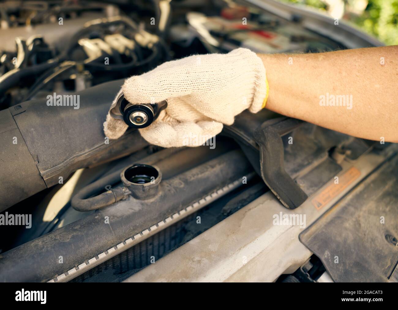 Controllo del livello del liquido di raffreddamento nel radiatore della vettura. Foto in primo piano, luce naturale. Foto Stock
